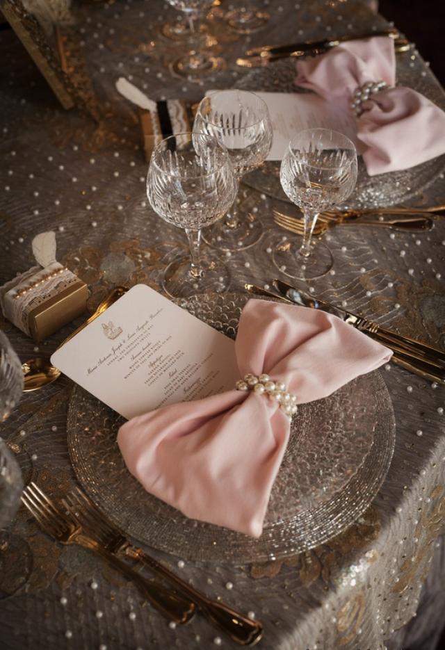 Elegant Wedding Tablescape ♥ Pink Bow Tie Napkins, Lace And Pearl