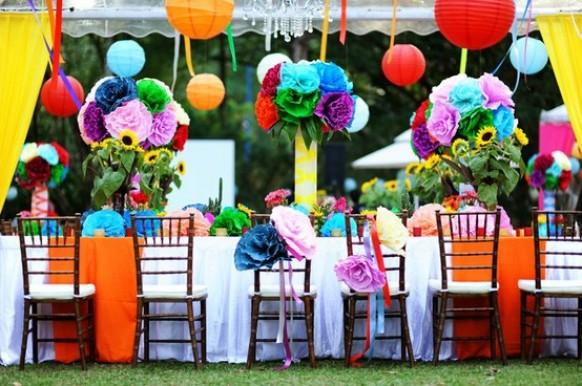 Colorful Hanging Paper Flowers And Chinese Paper Lanterns