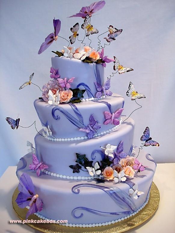 4 Tiered Purple Topsy Turvy Wonky Butterflies Wedding Cake