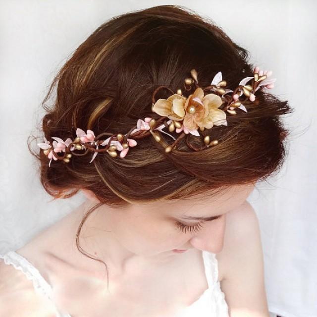 Wedding Hair Accessories, Pink Flower Hair Circlet, Gold Flower Hair