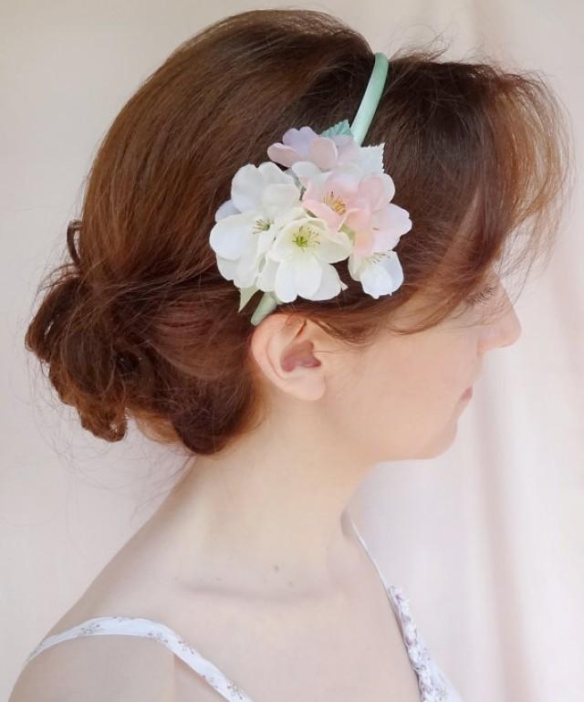 Mint Flower Girl Headband, Mint And Blush Wedding, Cherry Blossom Hair