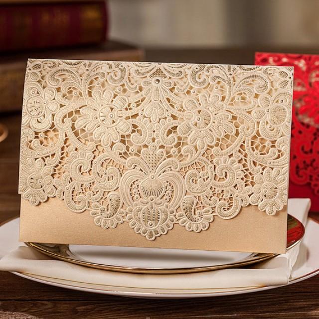 80 Pcs Golden Lace Wedding Invitation With Royal Floral Design